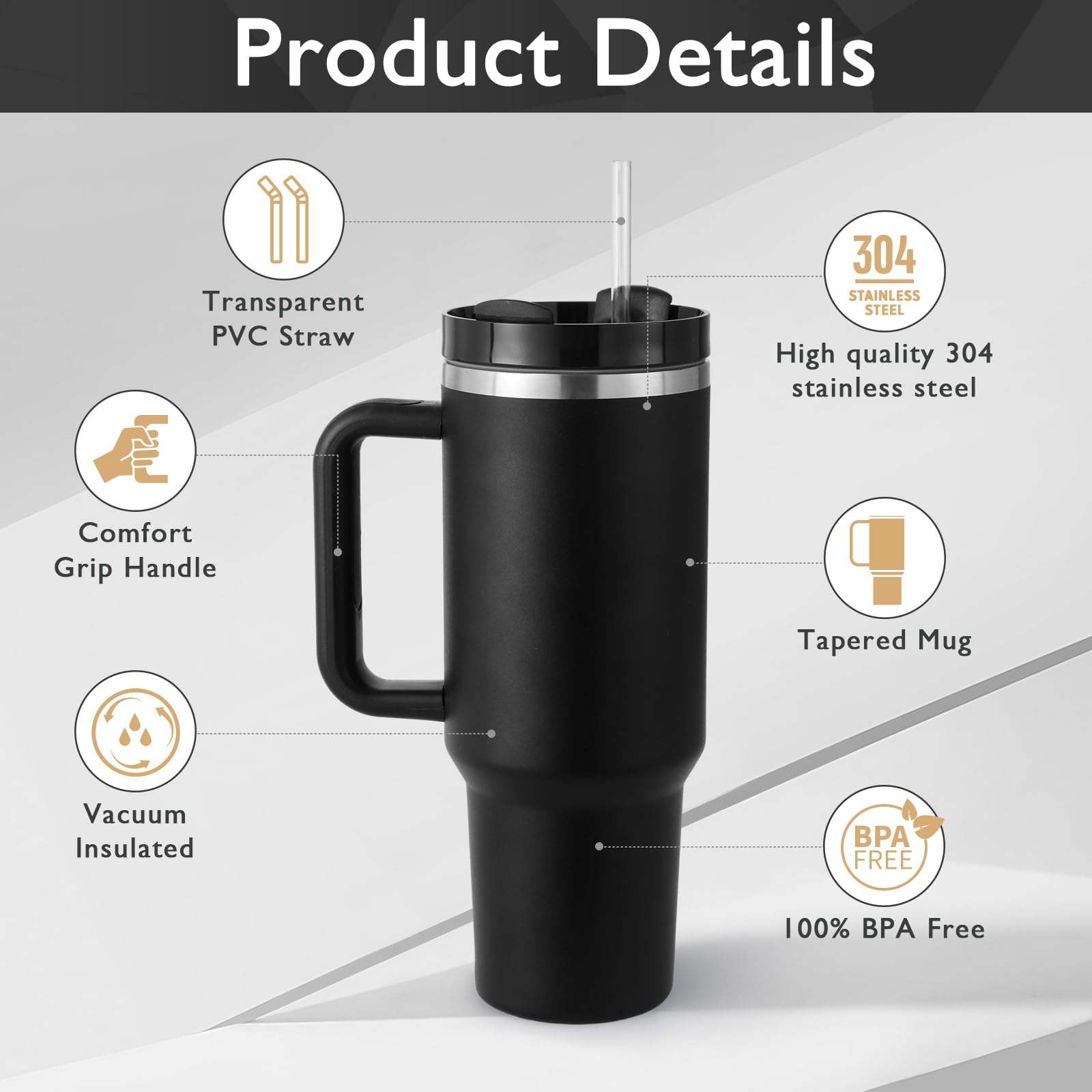 Ochapa 40 oz Tumbler with Handle Straw Lid Insulated Stainless Steel Vacuum Reusable Keep Drinks Cold Coffee Cup Holder Friendly Gifts for Christmas Lover Women Men Car Gym Travel, Black