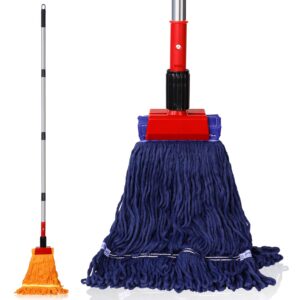 commercial mop heavy duty industrial mop with 77inch long handle, looped-end string wet mop with 2 mop heads for home, garage, office floor cleaning (blue-orange)