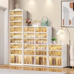 EHAMILY 9 Tier Foldable Shoe Rack Organizer for Closet 18-36Pairs Plastic Collapsible Shoe Shelf for front door entrance Stackable Clear Folding Shoes Storage Boxes Tall Shoe Cabinet