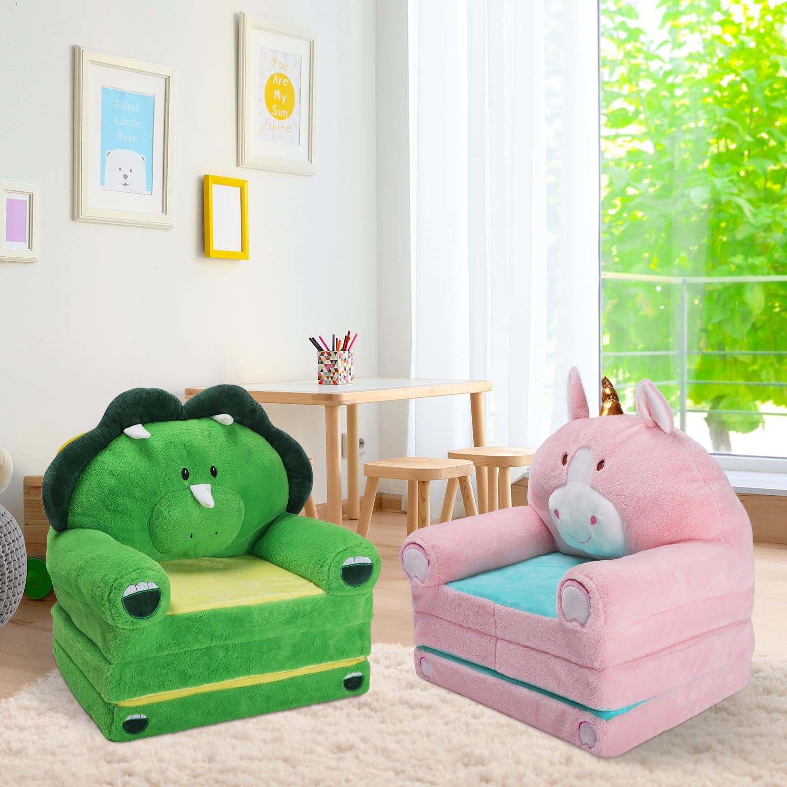 Foldable Kids Couch Toddler Backrest Armchair 2 In 1 Flip Open Sofa Bed for Chidren, Cartoon Comfy Soft Kids Chair, Steady Lightweight Toddlers Sofa Bed for Bedroom Livingroom Playroom Dinosaurs