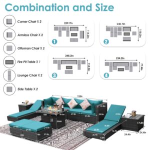 RADIATA PE Wicker Patio Furniture Set Sectional High Back Large Size Sofa Sets with Propane Fire Pit Table 55000 BTU Balcony Rattan Lounge Conversation Sets for Outdoor (11 Pieces,Sky Blue)