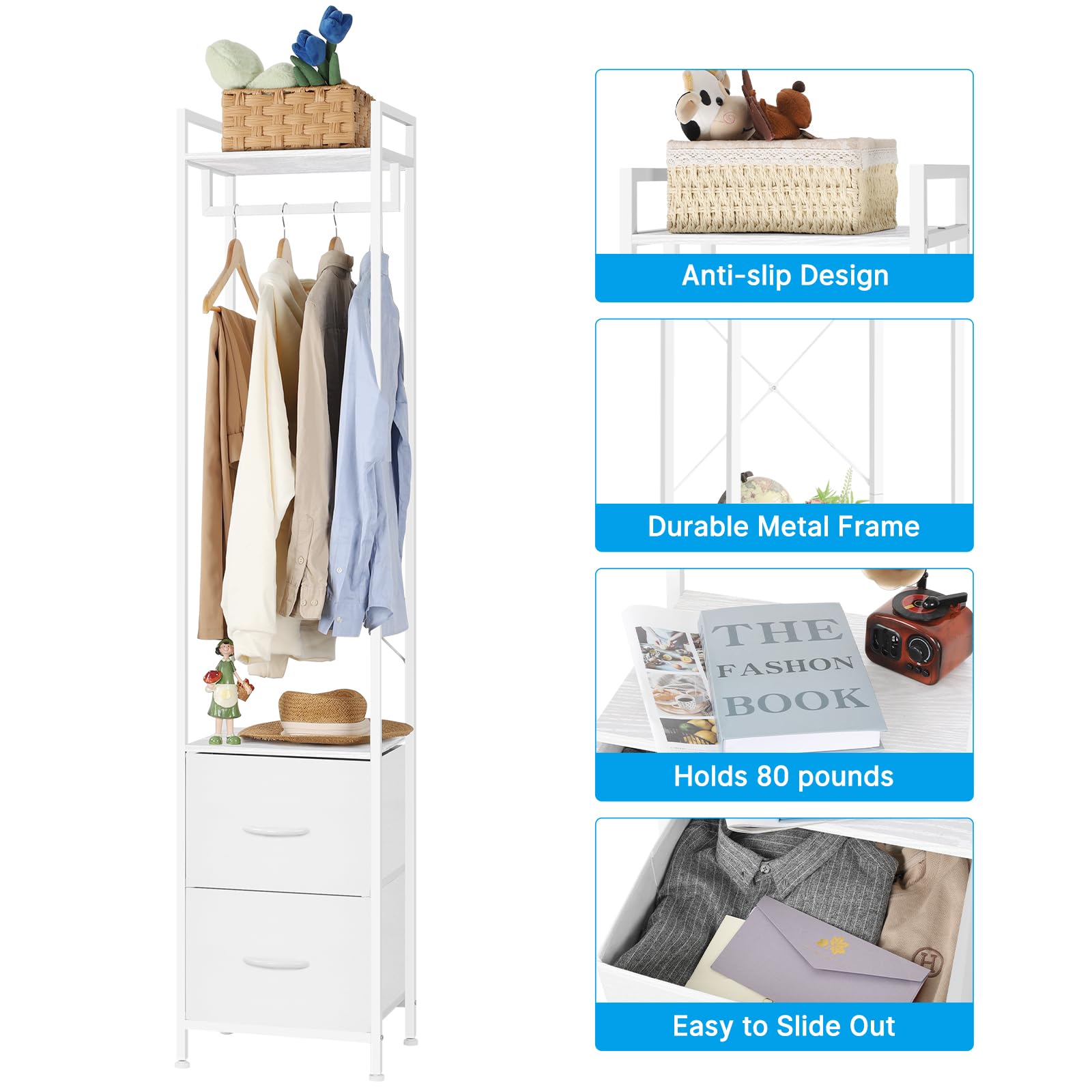 smusei Clothes Rack with Drawers Heavy Duty Garment Rack with Fabric Drawers and Storage Shelves Freestanding Clothing Rack for Bedroom Entryway Living room White