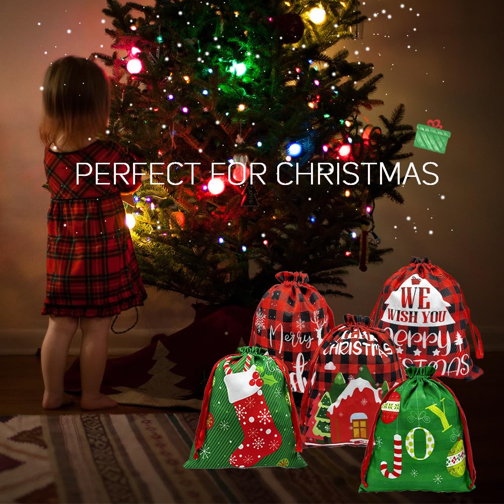 BAISDY 12Pcs Christmas Drawstring Gift Bags Fabric Reusable Christmas Buffalo Plaid Xmas Snowflake Gift Bags for Holiday Party Present Favor