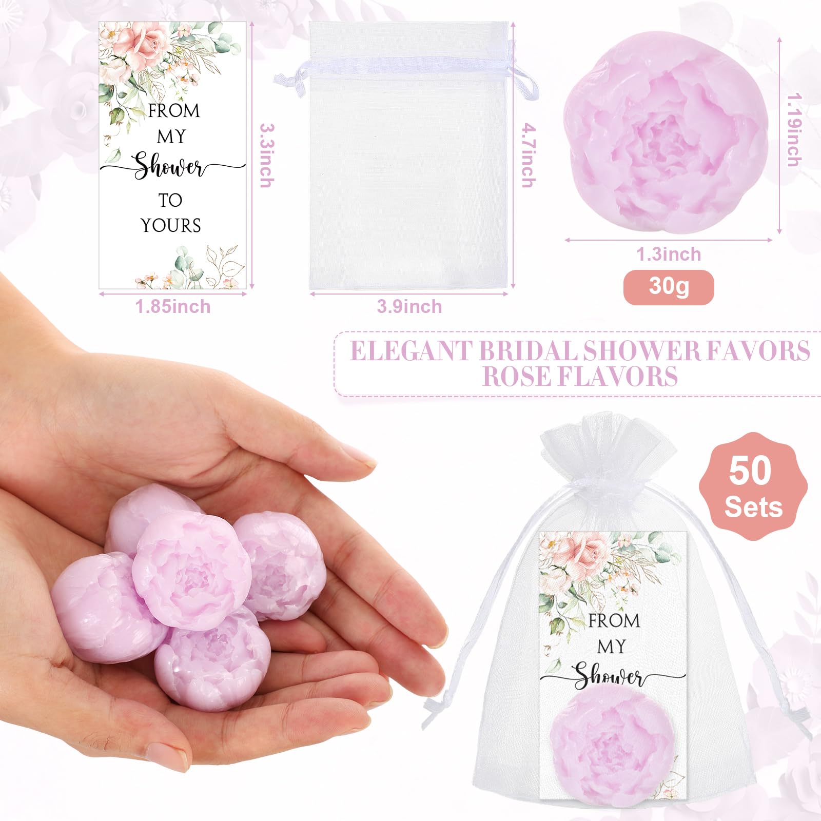 Dansib 50 Sets Rose Style Mini Soap for Wedding Party Favors Bridal Shower Baby Shower Guests Gift Keepsake Scented Soaps with Organza Bags and Cards(Purple)