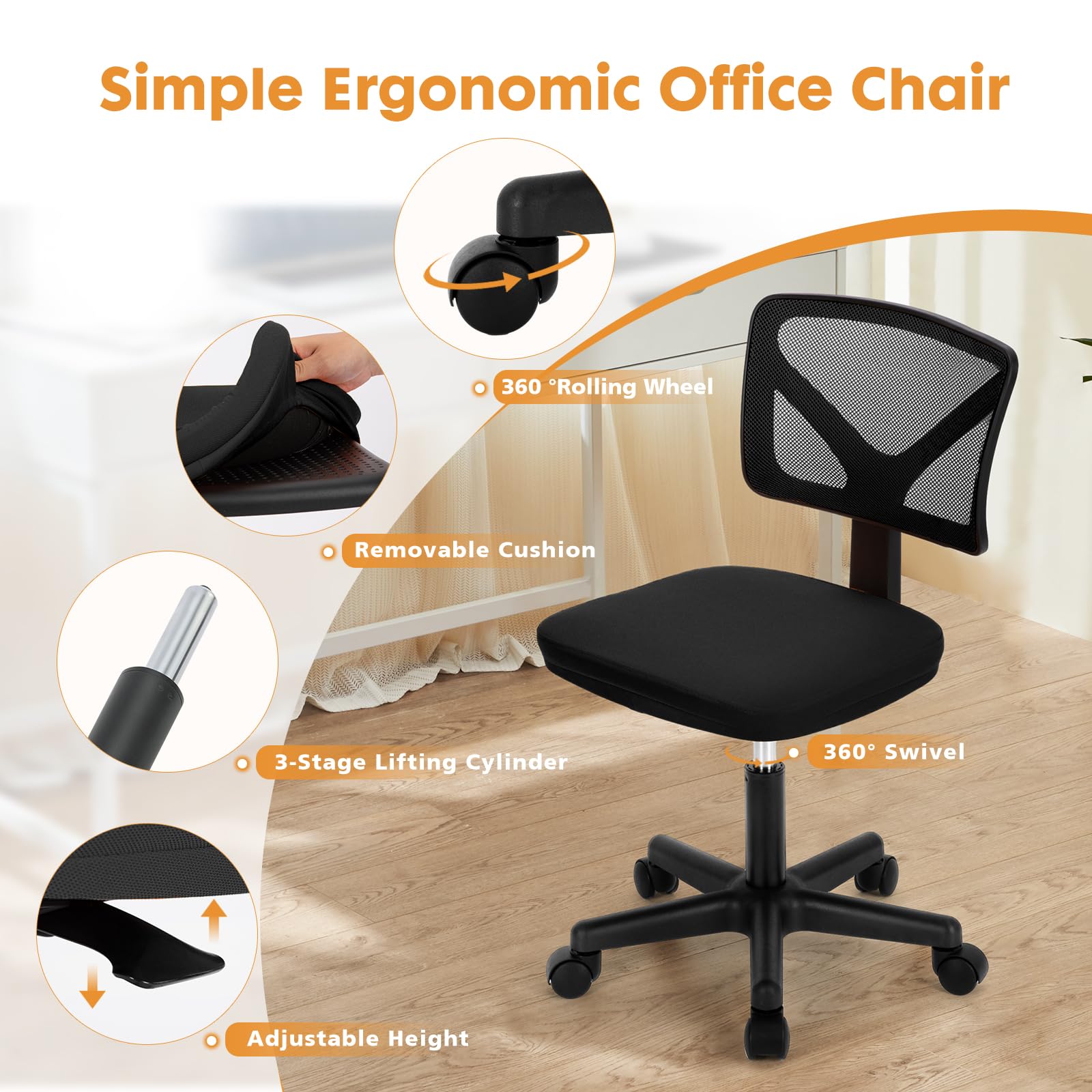 Sweetcrispy Armless Desk Chair - Small Home Office Chair with Wheels, Mesh Low Back Task Chair with Lumbar Support and Wheels, Adjustable Height 360° Rolling Swivel Computer Chair Without Arm, Black