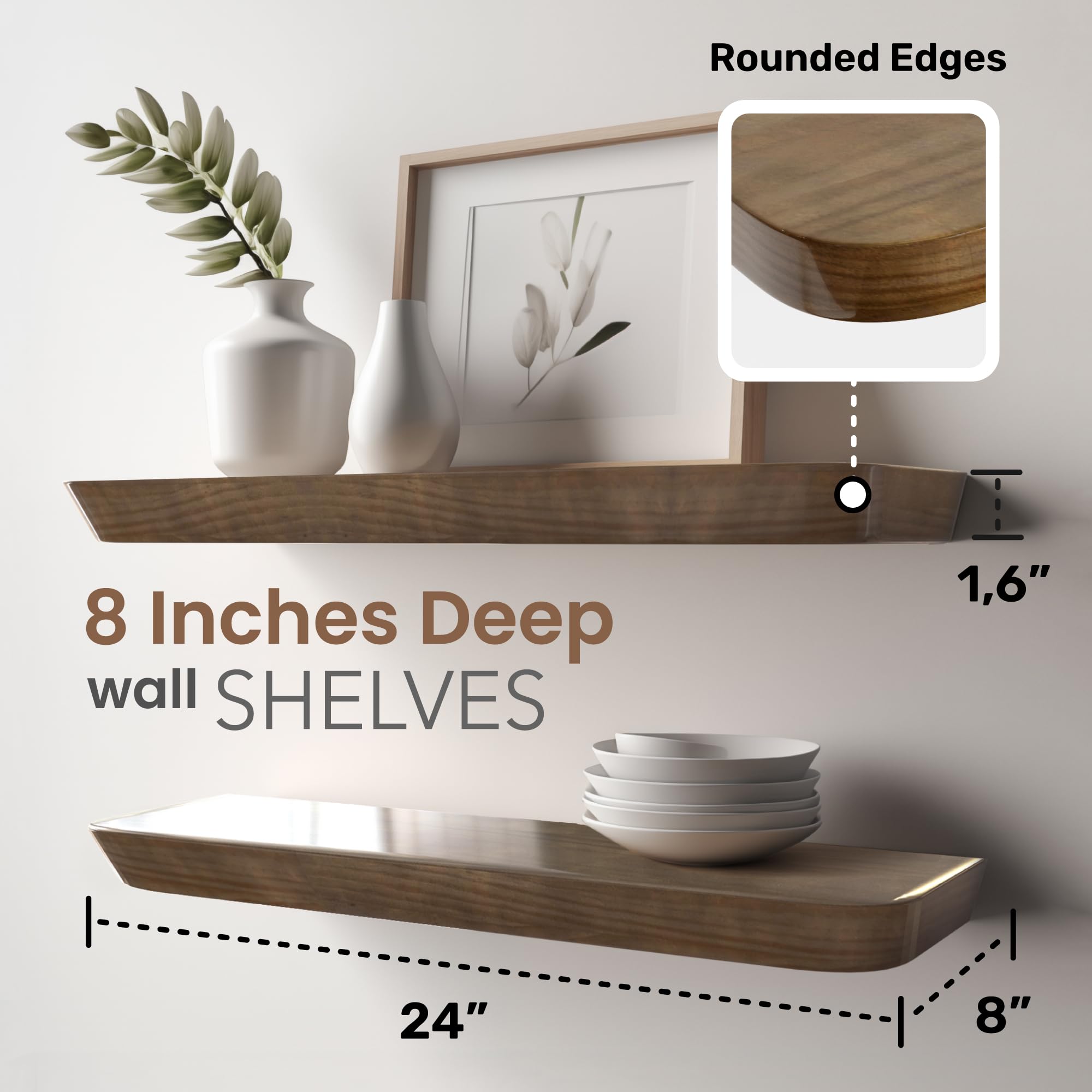 YANEVA Real Wood Floating Shelves for Wall 24 inch (Set of 2) - Natural Solid Wood Floating Shelves -Wooden Floating Shelves for Wall Mounted, Kitchen, Livingroom and Bathroom - 8 Inch Deep Shelf