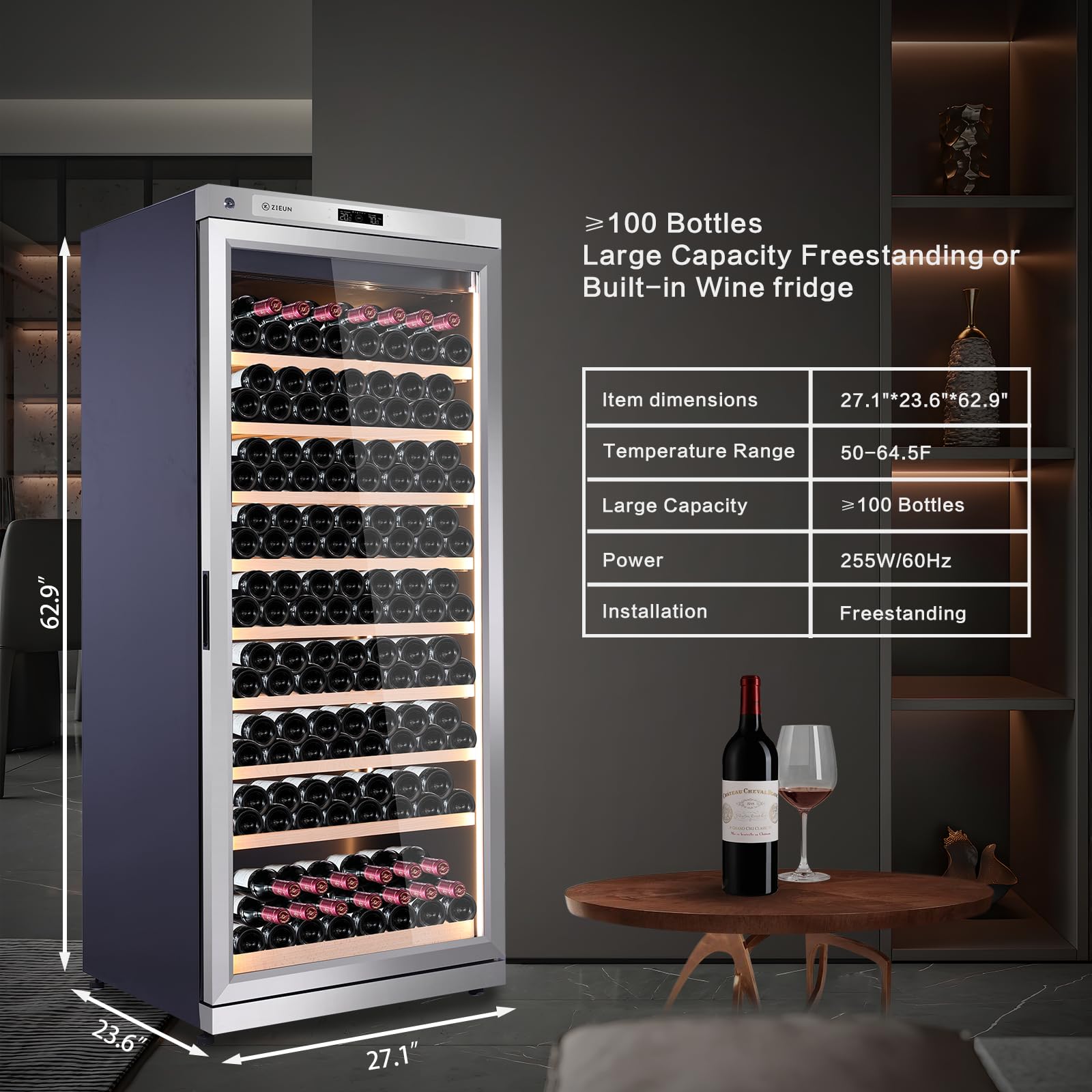 ZIEUN 357L Wine Cooler Refrigerator W/Lock- Stainless Steel, Upgraded Compressor Intelligent Digital Freestanding Wine cellar For Red, White Champagne or Sparkling Wine-Silver