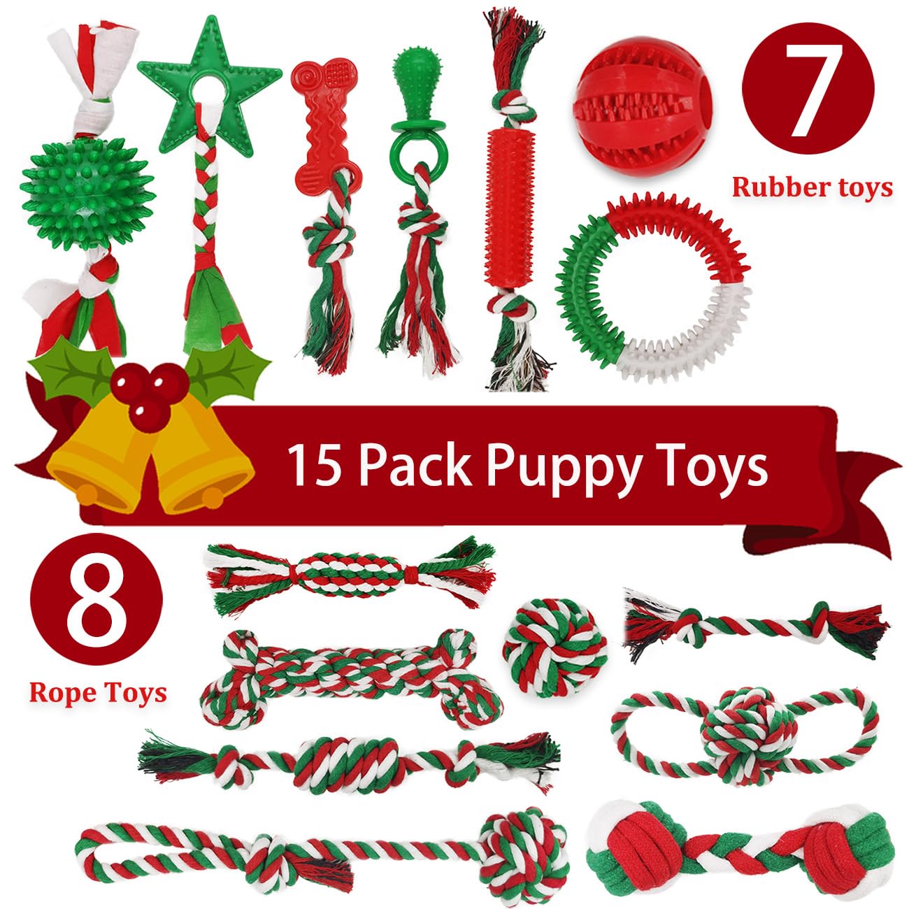 Beiker 15 Pack Dog Toys Bulk for Small Medium Puppies, Puppy Chew Toys for Teething, Holiday Presents Tough Gifts Box Including Variety Rubber and Rope Toys