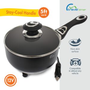 Travel Time 12V Cooking Pot with Cover – Universal for Most Vehicles, Non-Stick Surface, Stay-Cool Handle, On-the-Go Cooking, Small Cooking Appliance