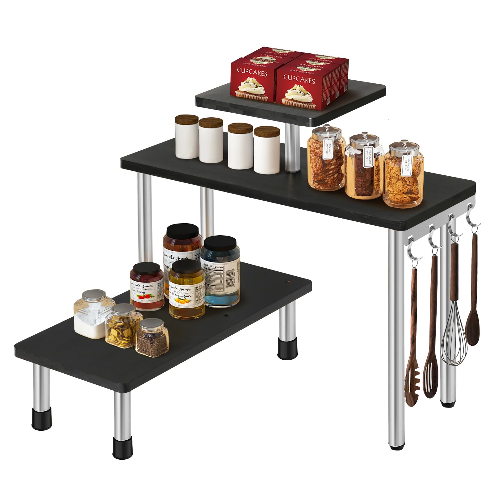 3 Tier Kitchen Countertop Organizer Corner Shelf Rotating Spice Rack with Hooks Space Saving Cosmetic Stand Display Rack Shelf Cabinet Corner Rack Plant Shelf for Bathroom Office(Black Bamboo)