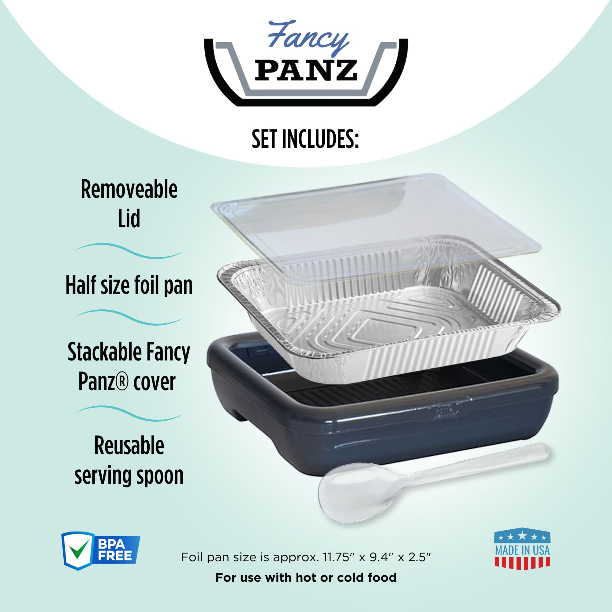 Fancy Panz Classic, Food Serving Tray, Made in the USA Foil Pan Carrier, Stackable Aluminum Pan Holders with Clear Lid, Travel Casserole Carrier With 1 Disposable Foil Pan & Serving Spoon, Green