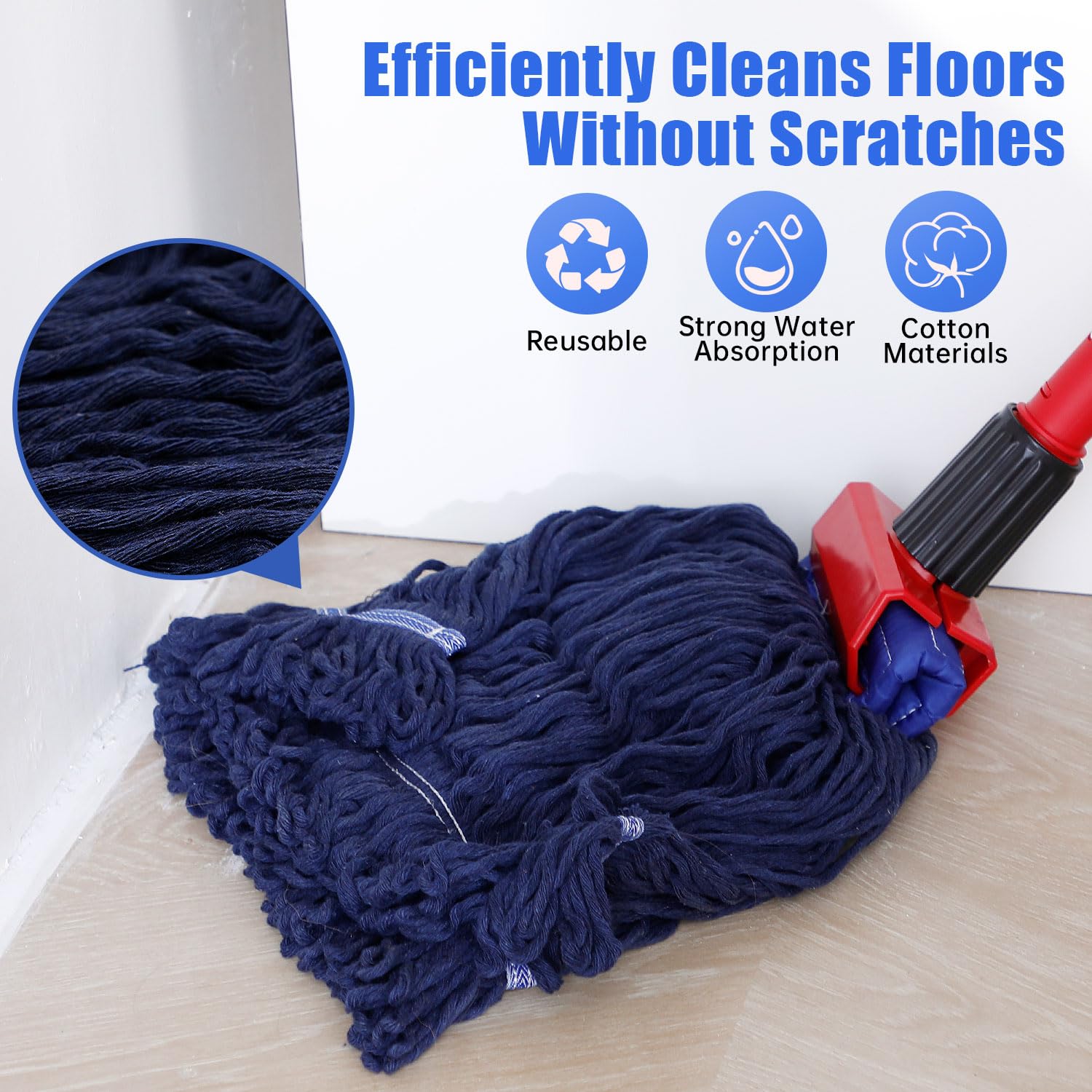 Commercial Mop Heavy Duty Industrial Mop with 77inch Long Handle, Looped-End String Wet Mop with 2 Mop Heads for Home, Garage, Office Floor Cleaning (Blue-Orange)