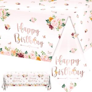 gupesxu 3pack pink rose tablecloth-happy birthday party decoration pink floral baby shower table cover plastic rectangle tables for girl kids wedding,sweet 16 birthday party