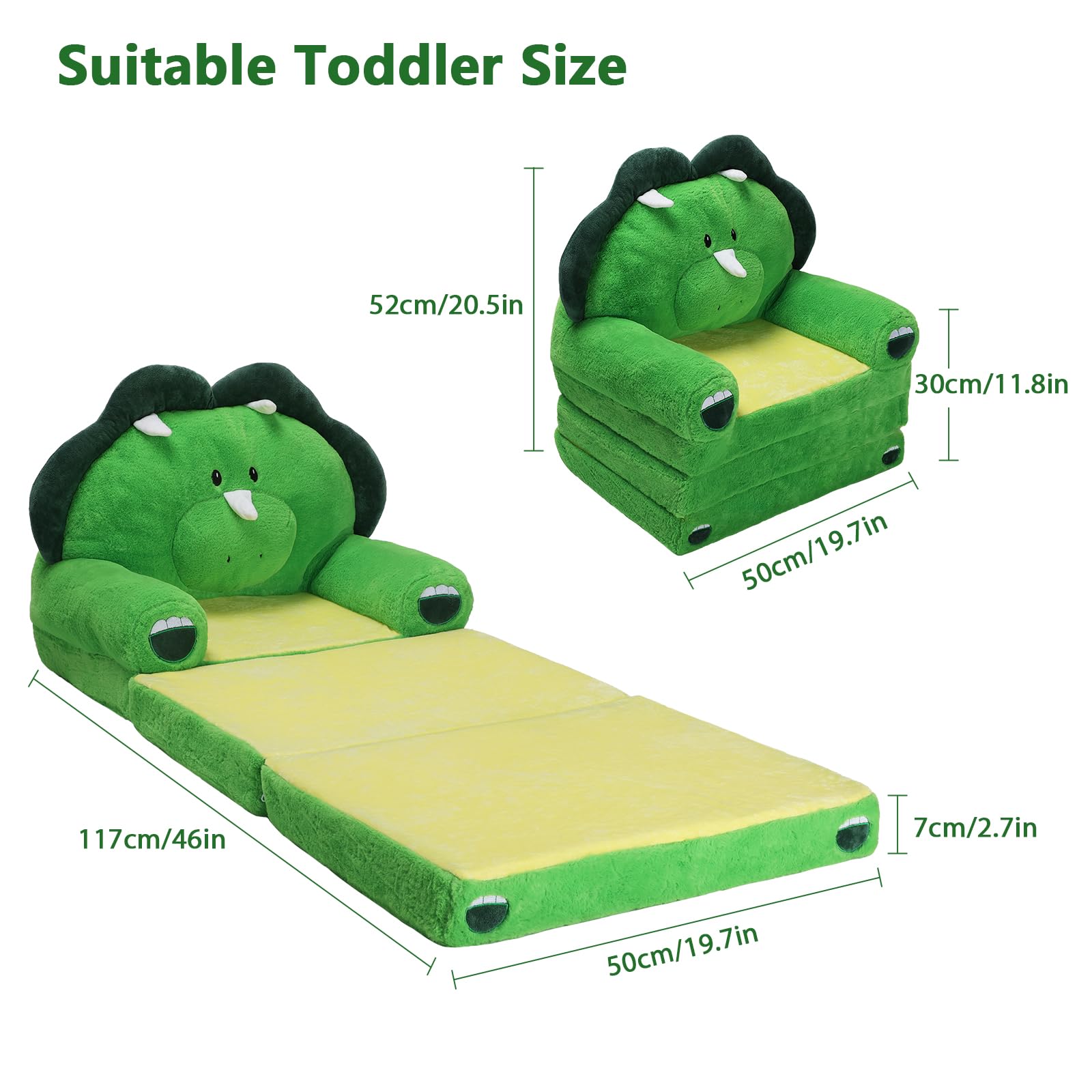 Foldable Kids Couch Toddler Backrest Armchair 2 In 1 Flip Open Sofa Bed for Chidren, Cartoon Comfy Soft Kids Chair, Steady Lightweight Toddlers Sofa Bed for Bedroom Livingroom Playroom Dinosaurs