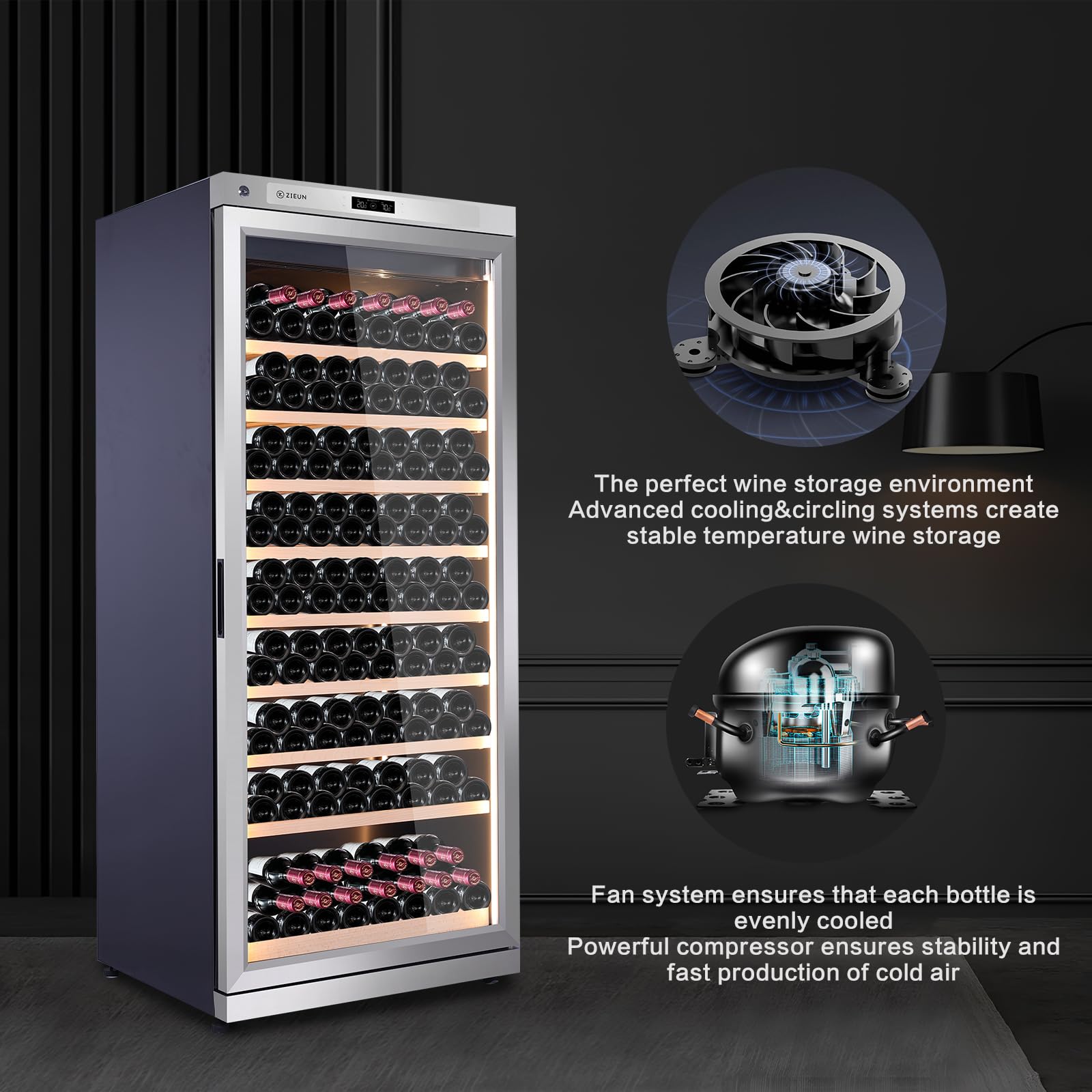 ZIEUN 357L Wine Cooler Refrigerator W/Lock- Stainless Steel, Upgraded Compressor Intelligent Digital Freestanding Wine cellar For Red, White Champagne or Sparkling Wine-Silver