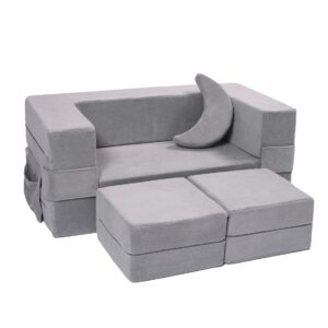 Elftopia Modular Kids Sofa,Toddler Couch Foam Armchair for Kids, Children Convertible Plush Sofa Play Set,Fold Out Sofa Bed(Grey)