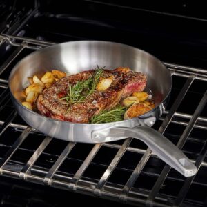 Calphalon Premier Stainless steel superior even heating. 3 Ply metal construction, Ergonomic Handles stay cool. Oven, Gas, Electric, Glass top, and Induction safe.