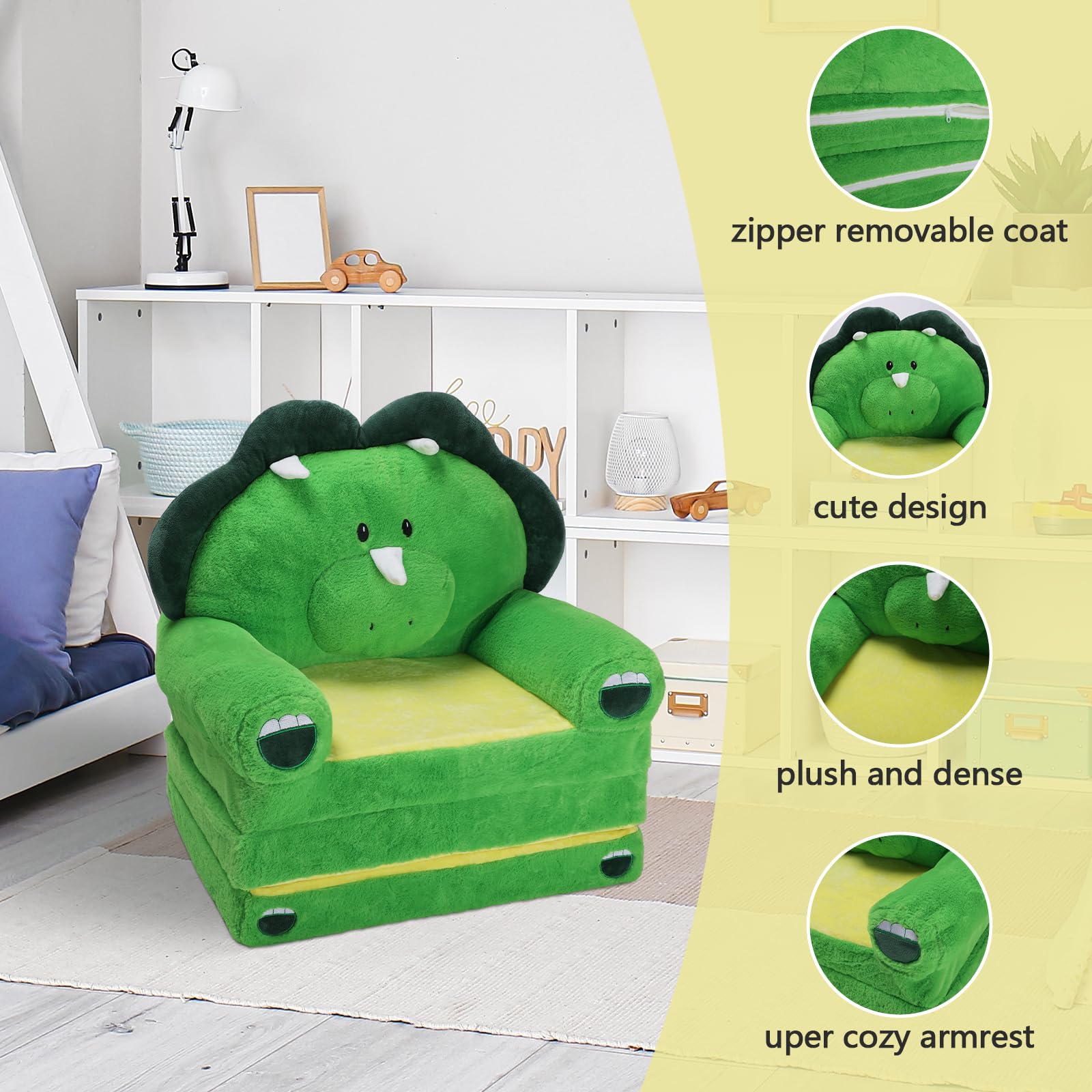 Foldable Kids Couch Toddler Backrest Armchair 2 In 1 Flip Open Sofa Bed for Chidren, Cartoon Comfy Soft Kids Chair, Steady Lightweight Toddlers Sofa Bed for Bedroom Livingroom Playroom Dinosaurs