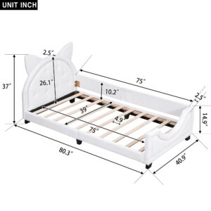 Linique Twin Size Teddy Fleece Upholstered Daybed with Rabbit Carton Ears Shaped Headboard,Twin Wooden Daybed Frame for Girls