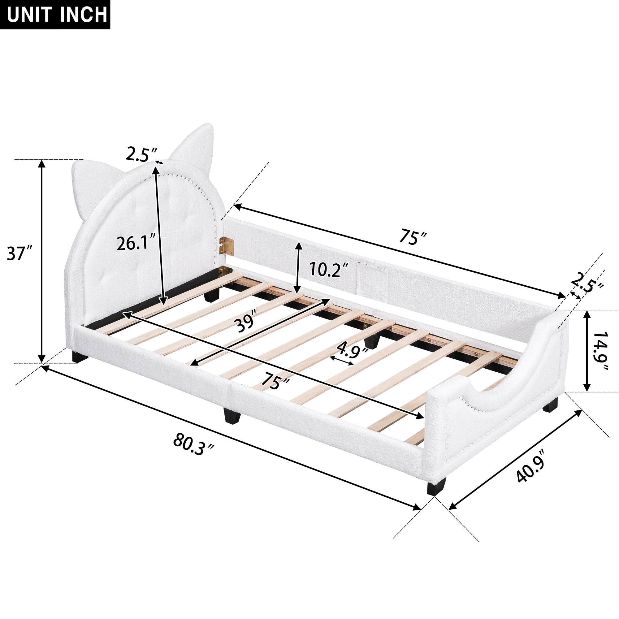 Linique Twin Size Teddy Fleece Upholstered Daybed with Rabbit Carton Ears Shaped Headboard,Twin Wooden Daybed Frame for Girls