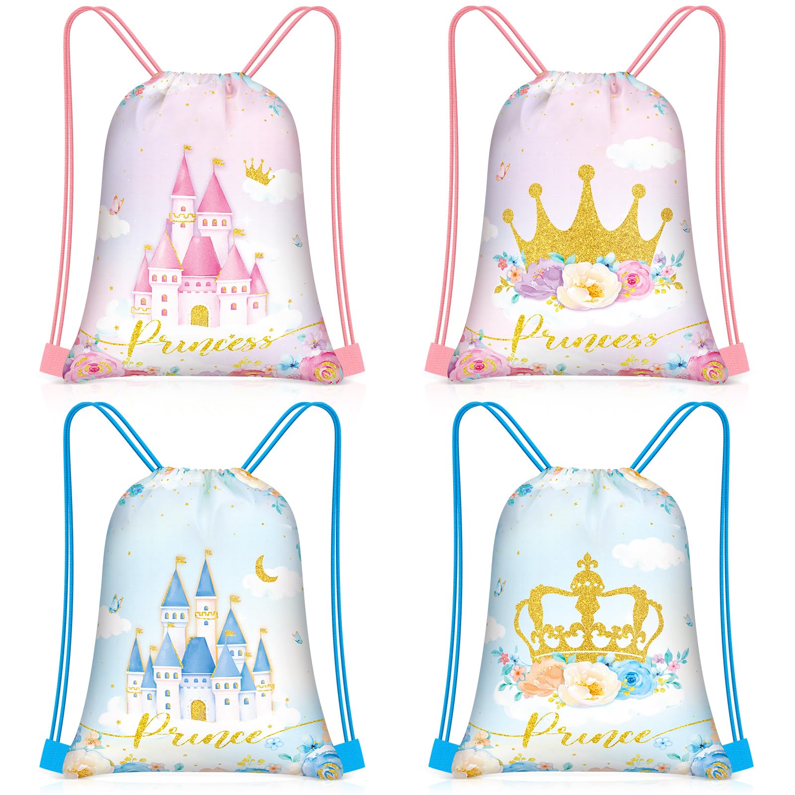 Censen 24 Pcs Drawstring Bags Set Bulk 12 x 10 Inch Princess Prince Party Favor Bags Crown Castle Floral Favor Gift Bag for Kids Gift Party Supplies (castle and Crown Style)