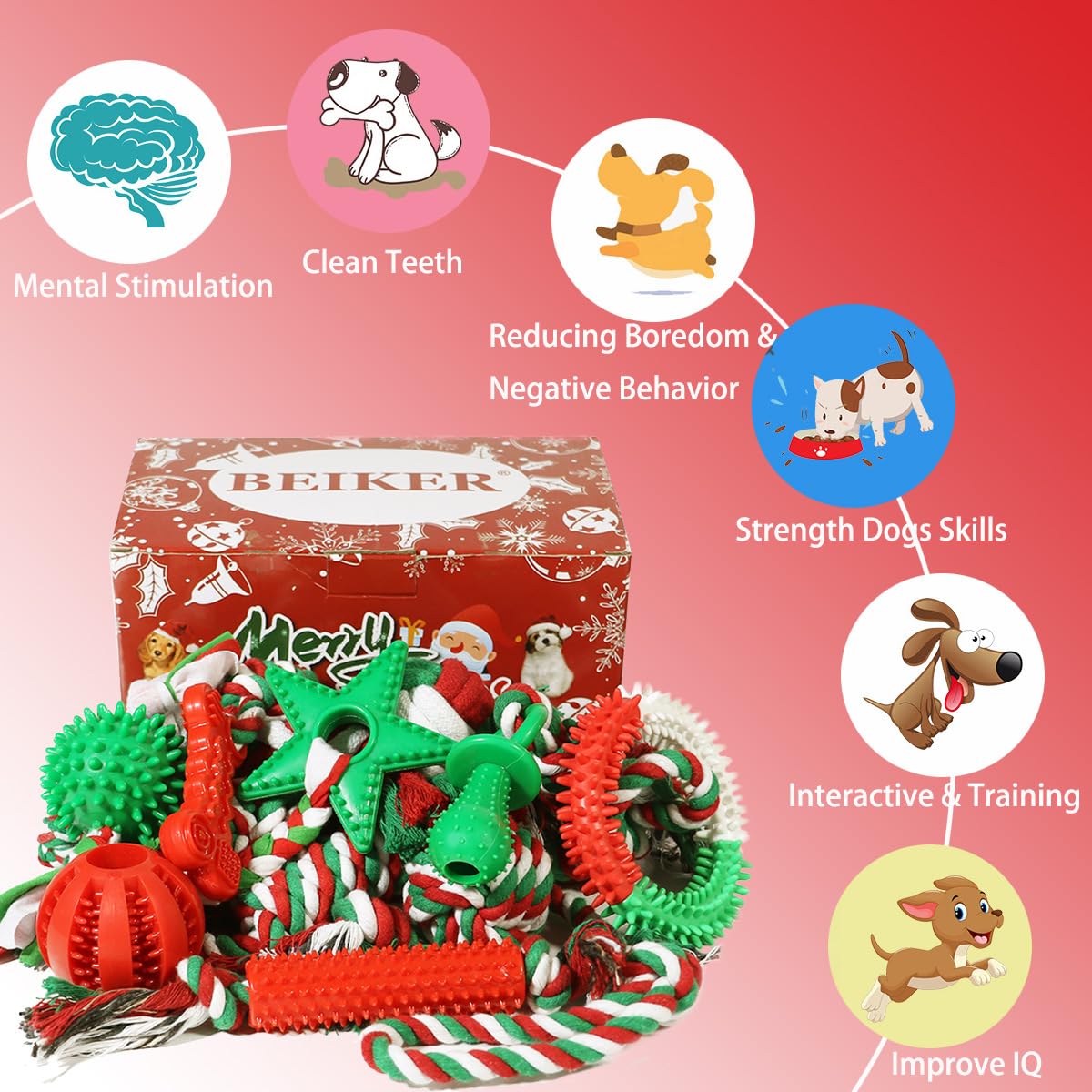 Beiker 15 Pack Dog Toys Bulk for Small Medium Puppies, Puppy Chew Toys for Teething, Holiday Presents Tough Gifts Box Including Variety Rubber and Rope Toys