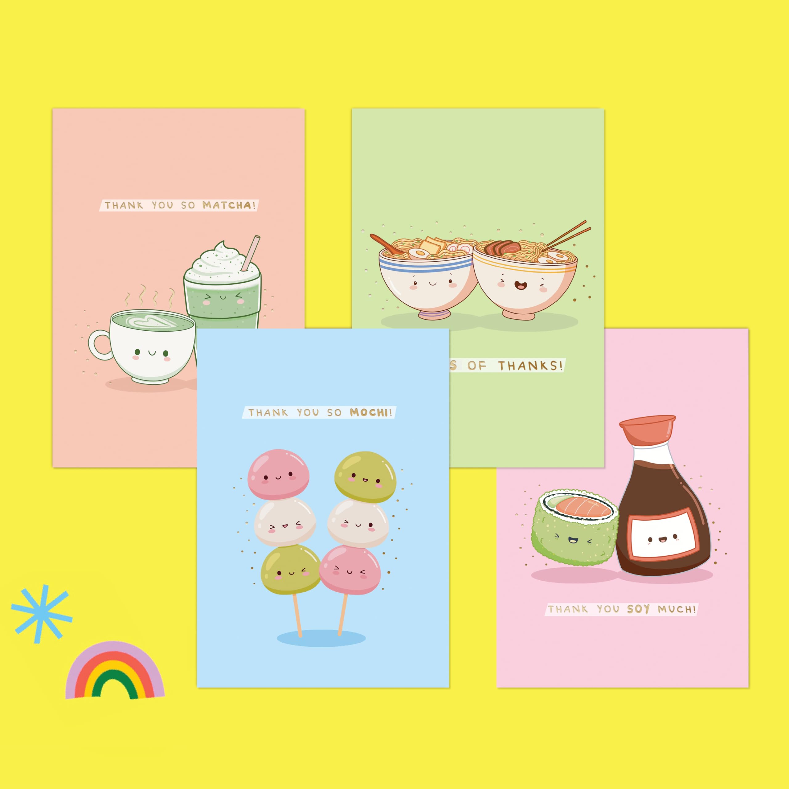 CENTRAL 23 Kids Thank You Cards - 4 Cute Designs - Set Of 48 Multipack - Colorful Kawaii Japanese Food Puns - Small Thank You Notes With Envelopes For Children - Blank Inside With Cute Stickers