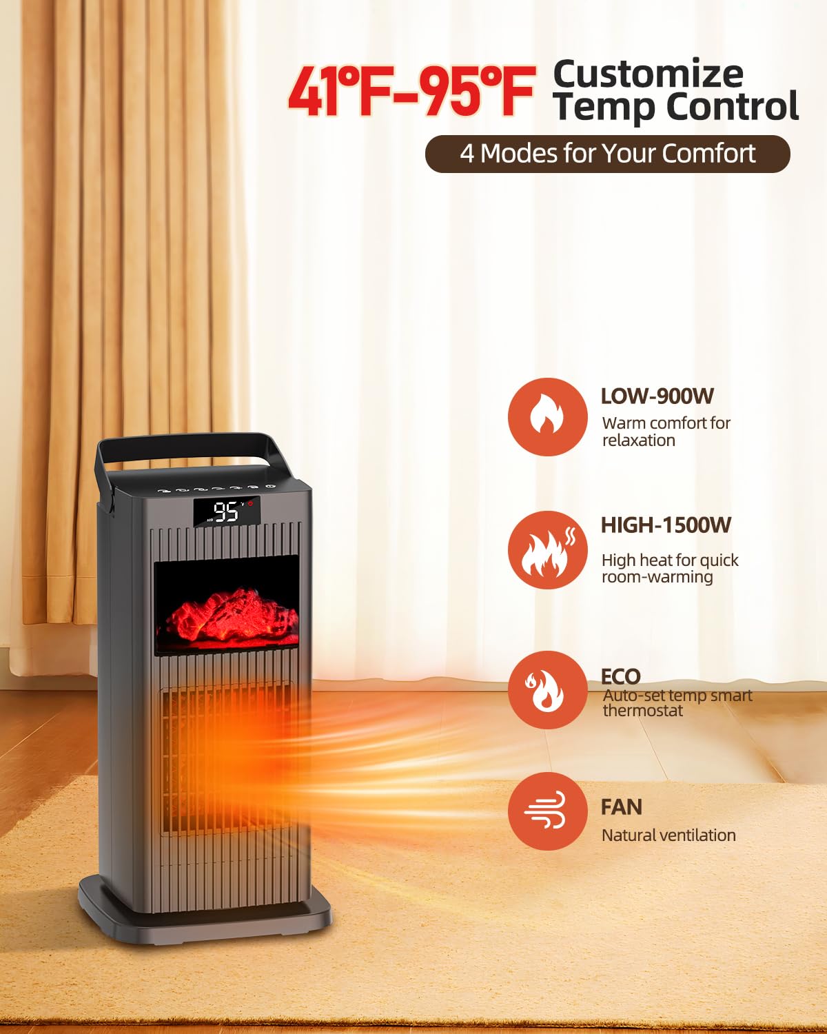 KNKA Space Heater with Thermostat, Electric Space Heaters for Indoor Use, 90° Oscillation, 4 Mode, 12H Timer, 1500W Fast Heating Ceramic Heater for Bedroom, Home, Office - ETL Certified, 13.78"