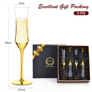 Chouggo Golden Colored Champagne Flutes Set of 4 with Premium Gift Box - Unique Golden Stem and Bottom Design - Act Deco Long Stem Hand Blown Crystal Champagne Glass - 5.5Oz