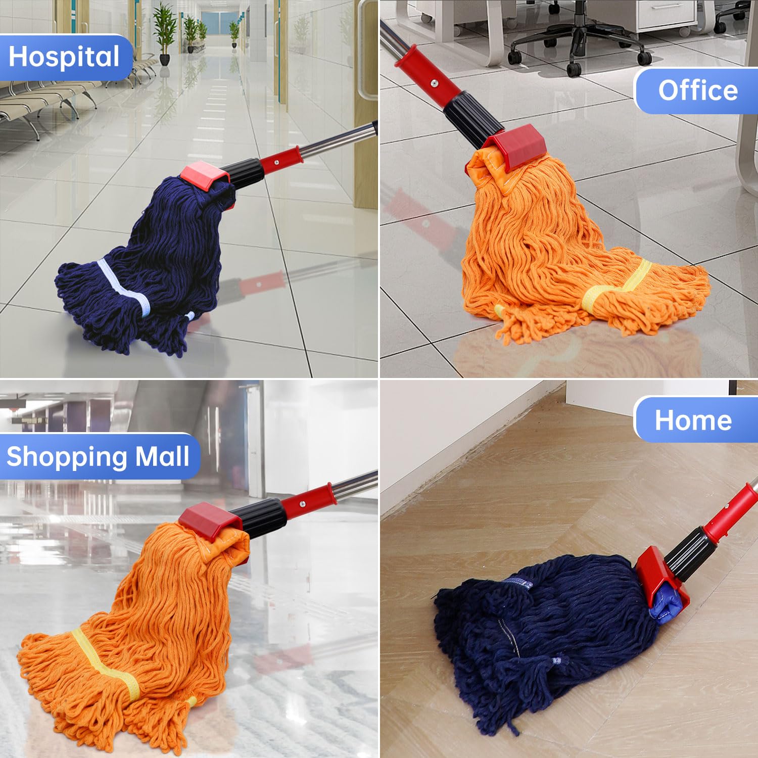 Commercial Mop Heavy Duty Industrial Mop with 77inch Long Handle, Looped-End String Wet Mop with 2 Mop Heads for Home, Garage, Office Floor Cleaning (Blue-Orange)