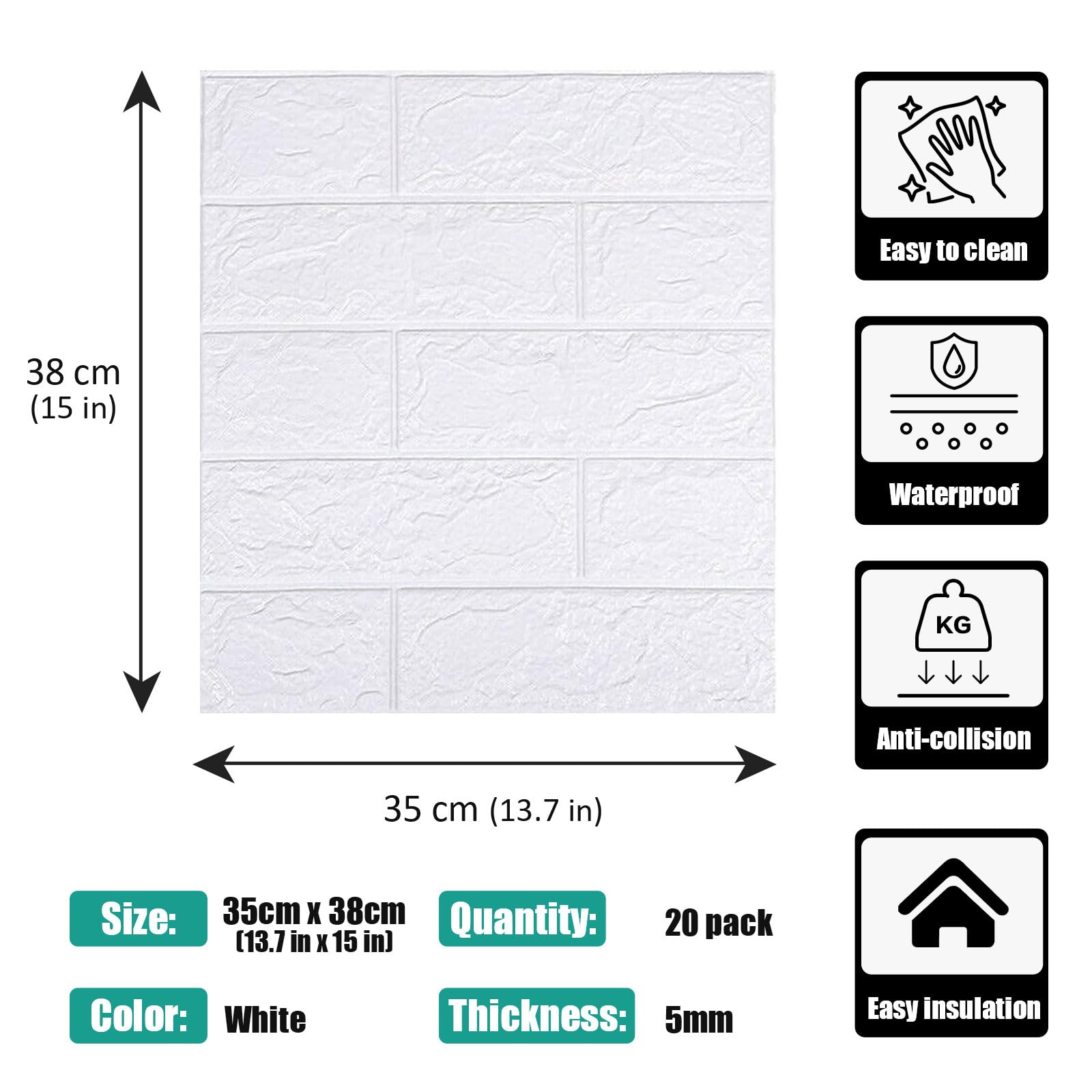 3D Wall Panels Peel and Stick - PE Foam DIY Self Adhesive, Waterproof, Perfect for Interior Wall Decor in Bedroom & Living Room (White, 20pcs 13×15’’)