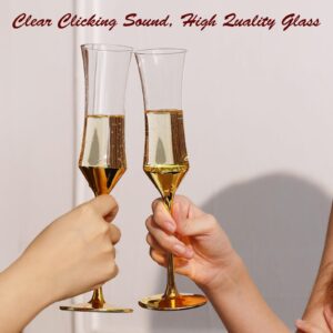 Chouggo Golden Colored Champagne Flutes Set of 4 with Premium Gift Box - Unique Golden Stem and Bottom Design - Act Deco Long Stem Hand Blown Crystal Champagne Glass - 5.5Oz