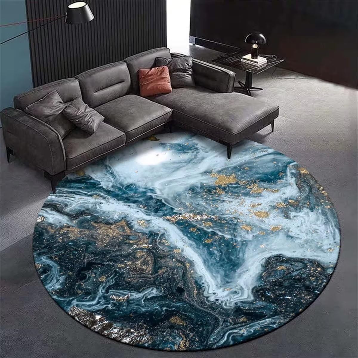 Large Area Rug for Dining Room 5ft Blue Circle Rug Marble Ocean Waves Throw Rug Modern Abstract Round Rug for Bedroom Non-Slip Soft Floor Mats