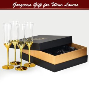 Chouggo Golden Colored Champagne Flutes Set of 4 with Premium Gift Box - Unique Golden Stem and Bottom Design - Act Deco Long Stem Hand Blown Crystal Champagne Glass - 5.5Oz