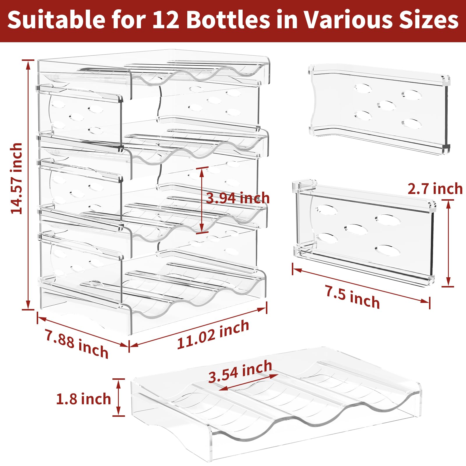 EZ COZY Wine Rack-4 Pack Stackable Wine Rack for 12 Bottles,Wine Rack for Inside Cabinet,for Pantry,Refrigerator,Countertop Organization (4 Tier)