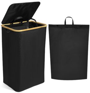 luxe laundry clothing hamper - 120l large laundry basket with bamboo lid & removable inner bag for dirty clothes - free standing, tall, collapsible, high-capacity & stylish design basket bin, black