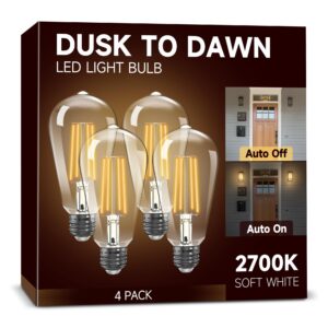 unilamp dusk to dawn light bulbs, outdoor light bulbs, st64 6w equivalent 60w, 2700k soft white, 600lm led outdoor lighting, e26 base, photocell sensor, auto on/off bulb for porch patio garage, 4 pack