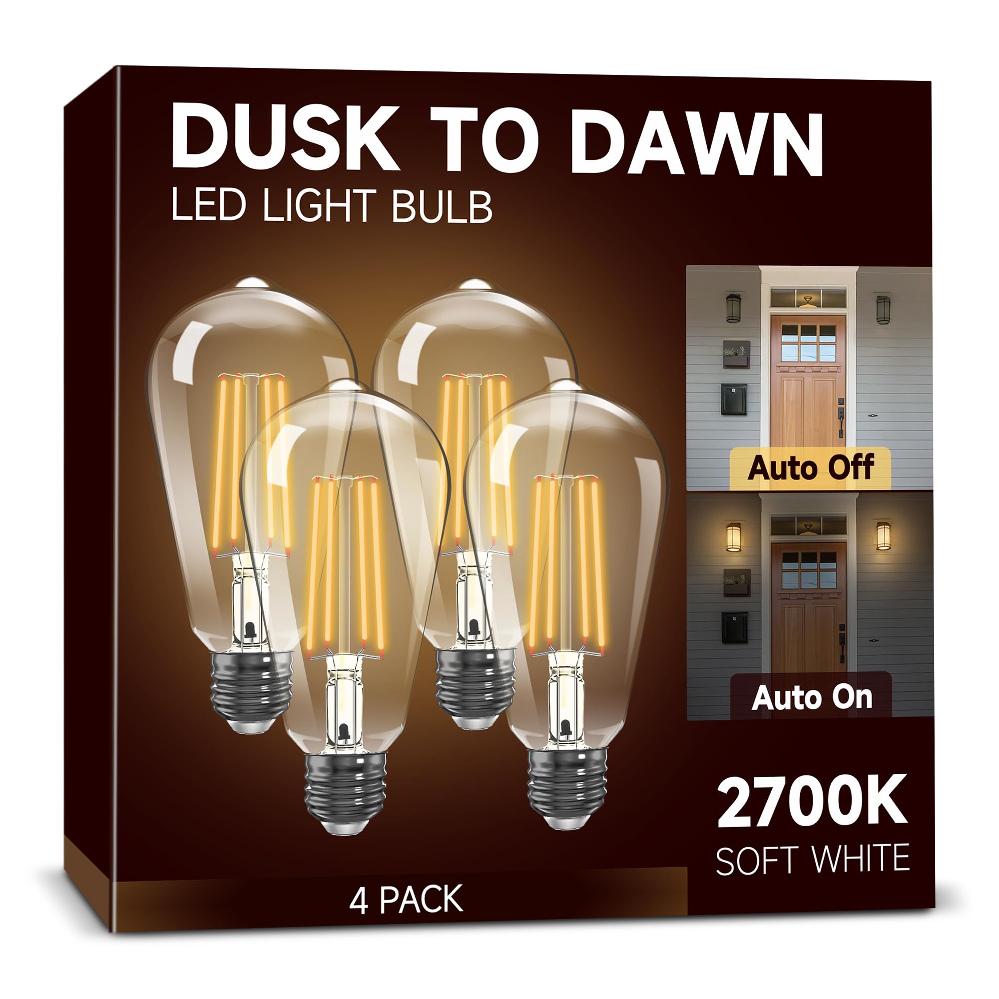 UNILAMP Dusk to Dawn Light Bulbs, Outdoor Light Bulbs, ST64 6W Equivalent 60W, 2700K Soft White, 600LM LED Outdoor Lighting, E26 Base, Photocell Sensor, Auto On/Off Bulb for Porch Patio Garage, 4 Pack