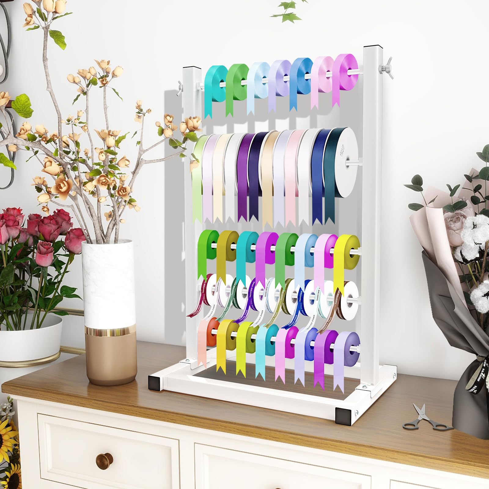 Fumingpal 5 Tier Ribbon Holder Organizer Rack, Ribbon Holder, Ribbon Storage, Large Capacity Ribbon Organizer for Craft Room,Cake Shop,Flower Store(White)