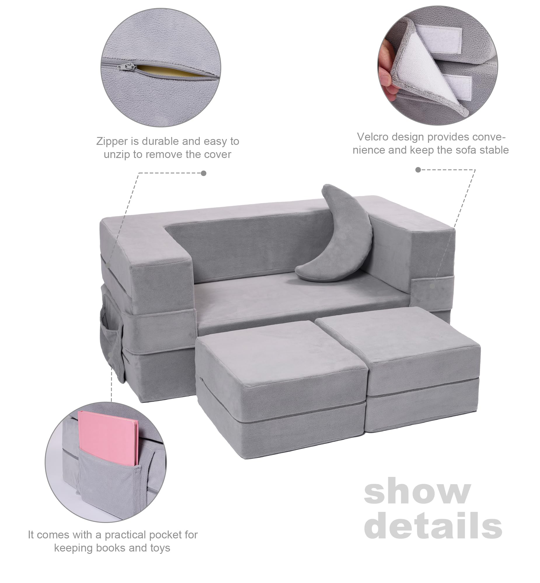 Elftopia Modular Kids Sofa,Toddler Couch Foam Armchair for Kids, Children Convertible Plush Sofa Play Set,Fold Out Sofa Bed(Grey)