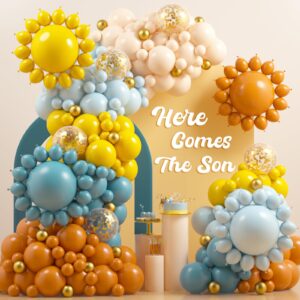 here comes the son baby shower decorations jogams 182pcs retro blue orange yellow balloons for first trip around the sun sunshine here comes the son theme baby shower birthday party decorations