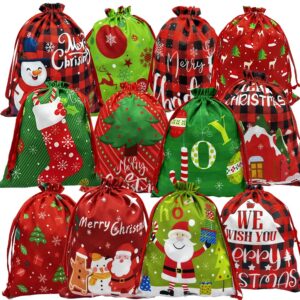 baisdy 12pcs christmas drawstring gift bags fabric reusable christmas buffalo plaid xmas snowflake gift bags for holiday party present favor