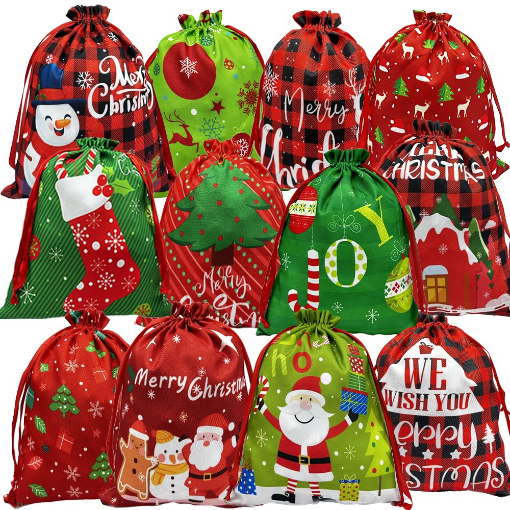 BAISDY 12Pcs Christmas Drawstring Gift Bags Fabric Reusable Christmas Buffalo Plaid Xmas Snowflake Gift Bags for Holiday Party Present Favor