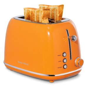 2 slice toaster roter mond retro stainless steel toaster with bagel, cancel, defrost function and 6 bread shade settings bread toaster, extra wide slot and removable crumb tray, orange