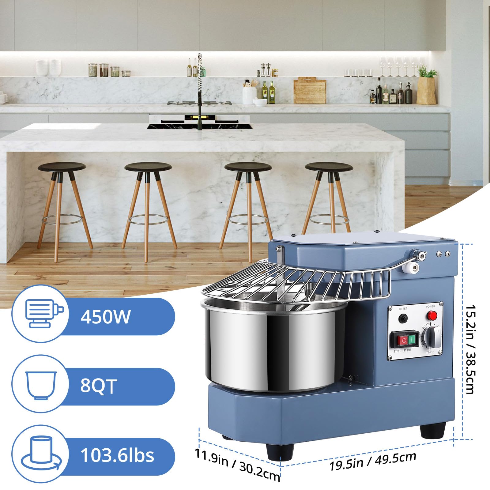 Towallmark Commercial Dough Mixer, 8QT Stainless Steel Bowl, 450W Dual Rotating Dough Kneading Machine with Safety Shield,for Restaurant, Bakeries,Pizzeria