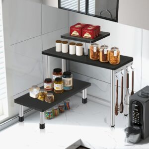 3 Tier Kitchen Countertop Organizer Corner Shelf Rotating Spice Rack with Hooks Space Saving Cosmetic Stand Display Rack Shelf Cabinet Corner Rack Plant Shelf for Bathroom Office(Black Bamboo)