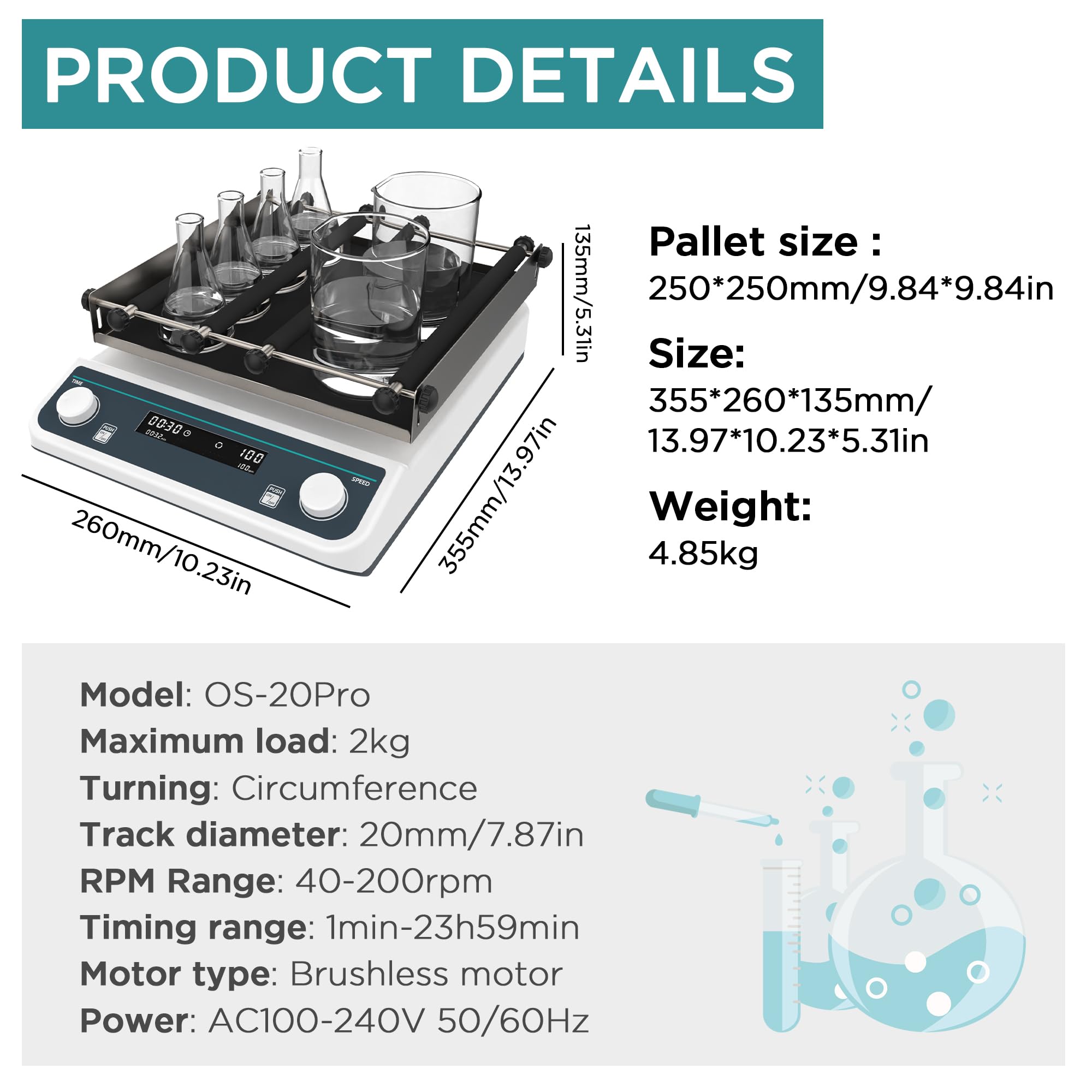 Lab Digital Orbital Shaker Mixer | 9.85"x9.85" Plate Size Adjustable Speed 40-200RPM Capacity 2KGS | Timed and Continuous Modes Rotator Shaker for Laboratory