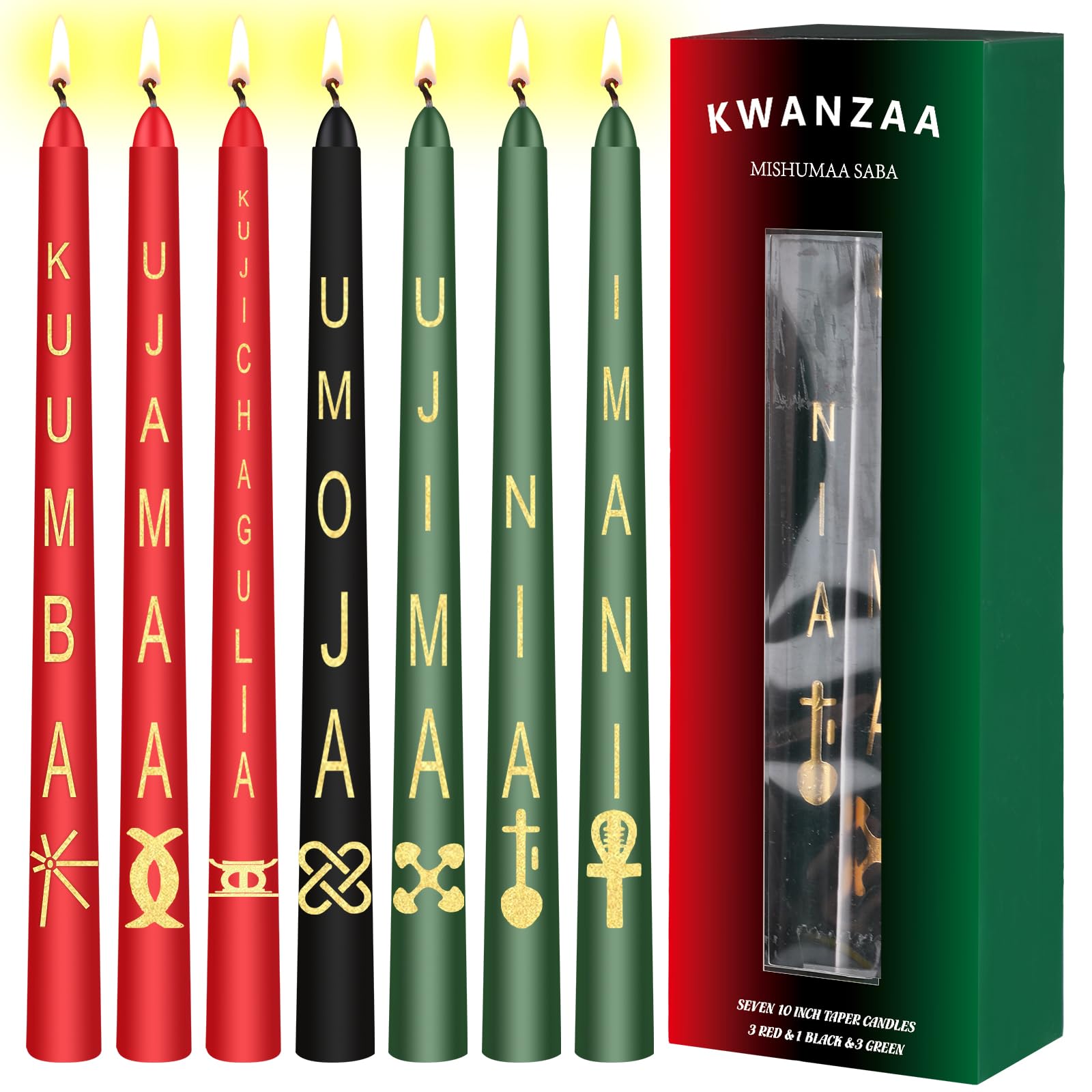 MTLEE 7 Pieces Kwanzaa Candle Set, Seven Principles Taper Candles, African Hand Dipped Unscented Candles, Reliable Quality Candles, for Kwanzaa Home Church Celebration Decor