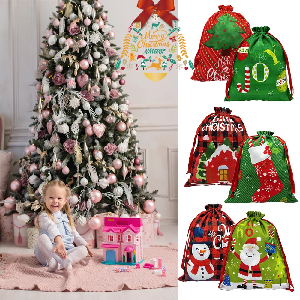 BAISDY 12Pcs Christmas Drawstring Gift Bags Fabric Reusable Christmas Buffalo Plaid Xmas Snowflake Gift Bags for Holiday Party Present Favor