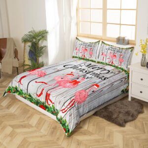 Feelyou Merry Christmas Comforter Cover Twin Size, Pink Flamingo Bedding Set for Kids Toddler Christmas Bells Duvet Cover Holiday Christmas Bedspread Cover Kids Room Decor Quilt Cover (No Comforter)